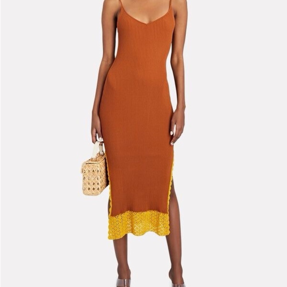 STAUD Pleasanton Rib Knit Crochet Trim Midi Dress - Small